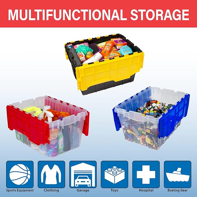 Akro-Mils KeepBox 12 Gallon Storage Container, Nesting and Stackable Plastic Storage Box with Lid Attached, Clear Tote for Garages, Closets, and Moving, 21-1/2" x 15" x 12-1/2", Black/Yellow, 6-Pack