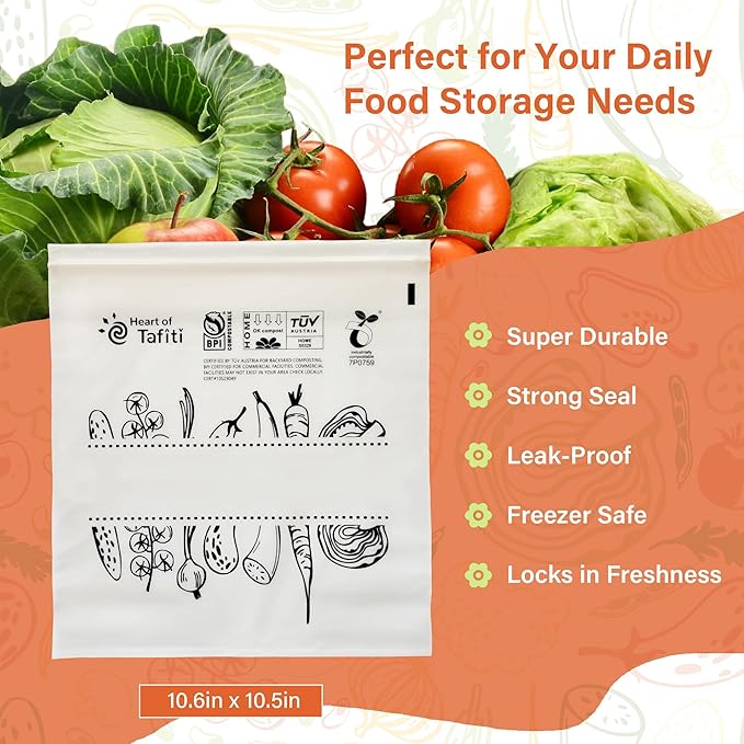 Compostable Food Storage Bags 110 Count, Extra Thick and Reusable, Eco-Friendly, Certified US BPI ASTM D6400 Europe OK Compost, Variety Pack for 50 Sandwich, 30 Quart, 30 Gallon