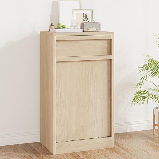 Tilt Out Trash Cabinet, Natural Wood Hidden Garbage Can Cabinet for 10 Gallon Bins, Modern Pet-Proof Trash Cabinets for Kitchen, Dining, Living Room Storage