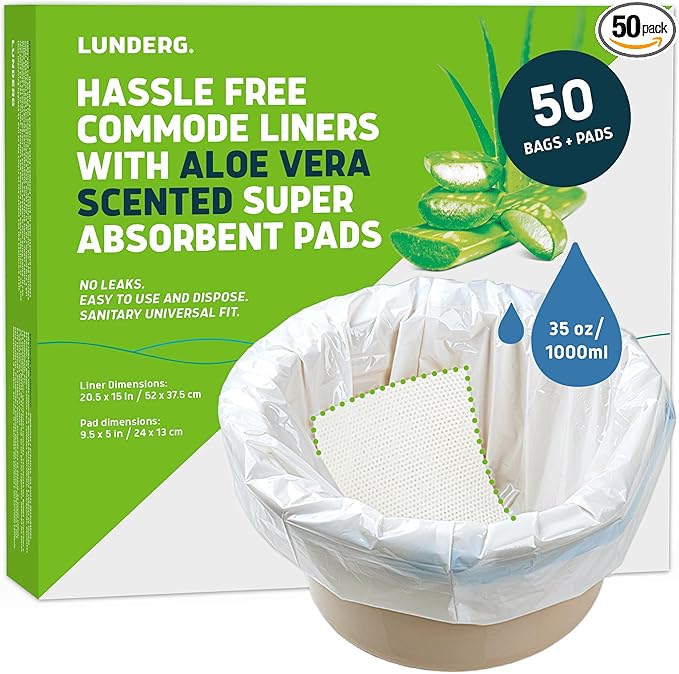Lunderg Commode Liners with Absorbent Pads - Aloe Scent Medical Grade 50 Count Universal Fit - Disposable Bedside Commode Liners and Pads for Adult Chairs, Portable Buckets & Camping Toilet Bags
