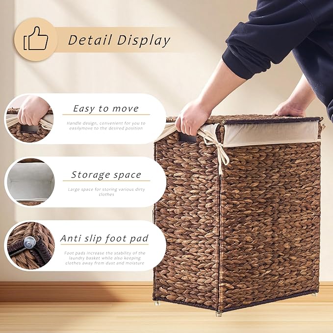Handwoven Laundry Basket with Lid, Natural Water Hyacinth Storage Basket with Handle, Removable Cotton Liner, Durable and Stylish for Bedroom, Bathroom, Laundry Room