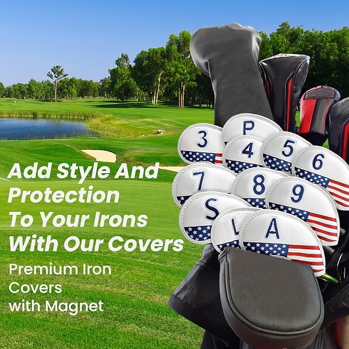 FINGER TEN Golf Club Covers for Irons Magnetic Value 11 Pack, Synthetic Leather Deluxe Head Cover Set Headcovers for Irons Fit Main Iron Clubs