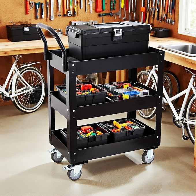 3 Tray 29.3 inch Tool Cart, self Assembly, 300 LBS Capacity Rolling Tool Carts on Wheels, Heavy Duty Utility Cart, Mechanic Tool Storage Cart for Garage, Warehouse and Repair Shop, Black
