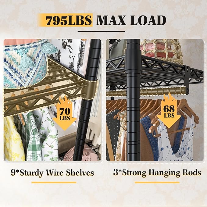 Raybee Clothes Rack Heavy Duty Load 795LBS Portable Clothing Racks for Hanging Clothes Adjustable Garment Rack, 56" W X16 D X 75.5" H Black