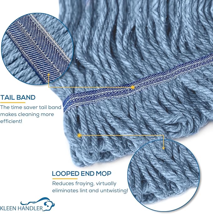 KLEEN HANDLER HEAVY DUTY Commercial Mop Head Replacement, Wet Industrial Cotton Looped End String Cleaning Mop Head Refill, Blue Mop, Universal Headband