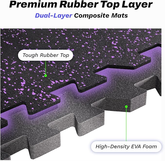 AIRHOP 0.56in Thick 48 Sq Ft Exercise Equipment Mats, 12 Tiles Upgraded Rubber Top with High Density EVA Foam, Large Interlocking Puzzle Gym Flooring for Home Gym, Heavy Weight Workout, 24 x 24in