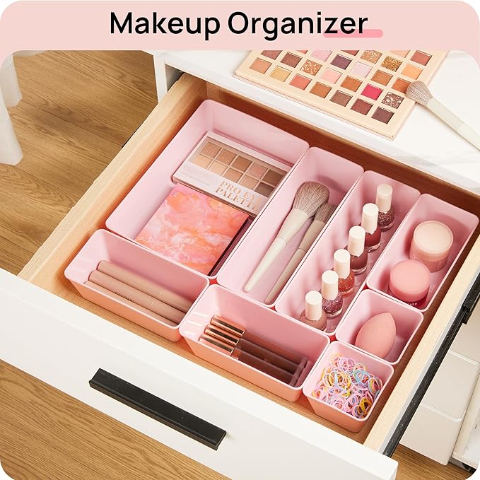 Vtopmart 44 PCS Plastic Drawer Organizers Set, 4-Size Versatile Bathroom and Vanity Organizer Trays, Non-Slip Storage Containers for Makeup, Jewelries, Bedroom，Kitchen Utensils and Office, Pink