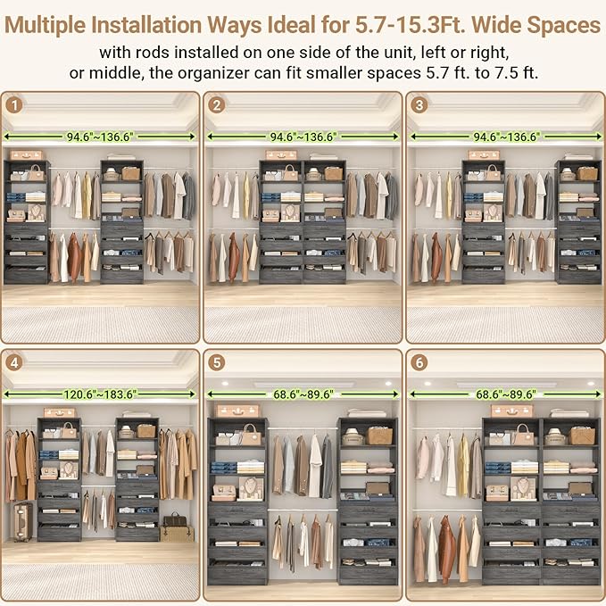 Aheaplus Closet System, 6-15Ft Closet Organizer with 8 Wooden Drawers, Wood Closet Organizer System with Tower, Walk-in Closet Organizer Wardrobe Garment Clothes Rack with 4 Hanging Rods, Black Oak
