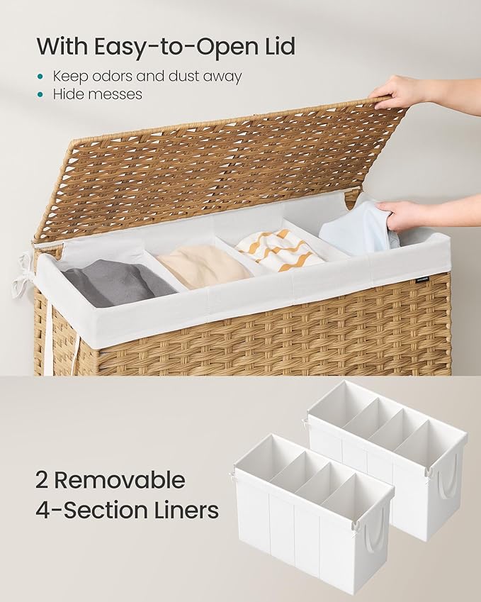 SONGMICS Laundry Hamper with Lid, 200 L Clothes Hamper with 2 Removable Liner Bags, 6 Mesh Bags, Wicker Laundry Basket, Double Laundry Hamper for Bathroom, 15.7 x 33.9 x 24 Inches, Natural ULCB452Y01
