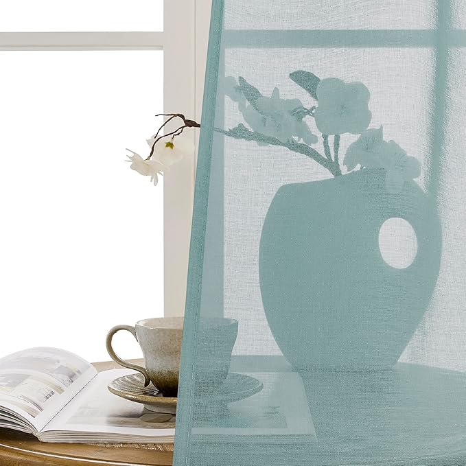 Tollpiz Short Sheer Door Curtains Closet Linen Textured Curtains Sheer Doorway Light Filtering Voile Patio Door Rod Pocket Curtain French Door, 54 x 40 inches Long, Dusty Blue, Set of 1 Panel