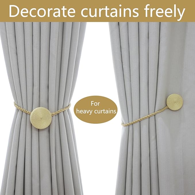 Magnetic Curtain Tiebacks - 12mm Magnetic Tie Backs for Curtains, Heavy Duty No Drill Curtain Holdbacks for Home/Office Windows Drapes, Elegant Gift-Ready Design 7 Colors (2, Gold)