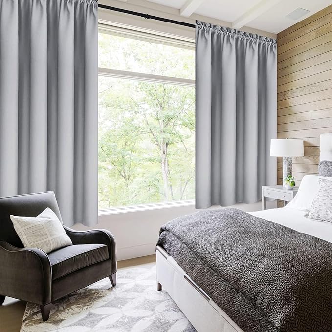 DWCN Blackout Curtains for Living Room Thermal Insulated, Energy Saving & Noise Reducing Bedroom Curtains, Silver Grey, W 52x L 36 Inch, Set of 2 Rod Pocket Curtain Panels