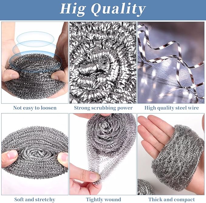 Stainless Steel Scrubber Scrubbing Scouring Pad Sponges Clean Pot Pan and Steel Wool for Kitchen Bathroom