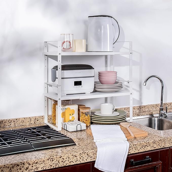 Expandable Cabinet Shelf Organizer Rack, Stackable Kitchen Counter Storage Shelves Stand, Adjustable Height Pantry Shelf Spice Rack (White, 2 Pack)