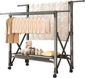 Heavy Duty Rolling Clothing Rack with Wheels, Portable Double Rod Metal Garment Rack, Clothes Drying Hanging Organizer for Laundry, Storage, Freestanding Adjustable Coat Hanger (Extendable, Grey)