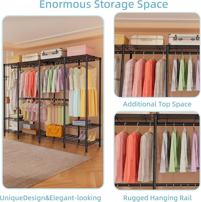 Extra Large Garment Rack Heavy Duty Metal Clothes Rack for Hanging Clothes,Multi-Functional Closet Organizer System Bedroom Clothing Rack Freestanding Closet Portable Wardrobe,MaxLoad 1000lbs