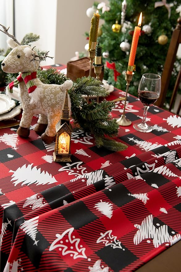 Waterproof Christmas Tree Tablecloth Fabric - Red Oblong 52x70 Inch Classic Buffalo Tartan Festive Table Cloth for Indoor Use - New Year Tabletop Cover for Dinner, BBQs, and Parties
