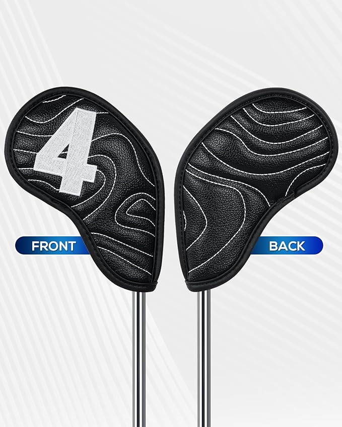 Big Teeth Golf Club Covers Full Set Driver Headcover Fairway Wood Hybrid Golf Club Iron Head Covers, Topographic Edition Putter Cover Leather Golf Head Covers Pure Black, Gifts for Men