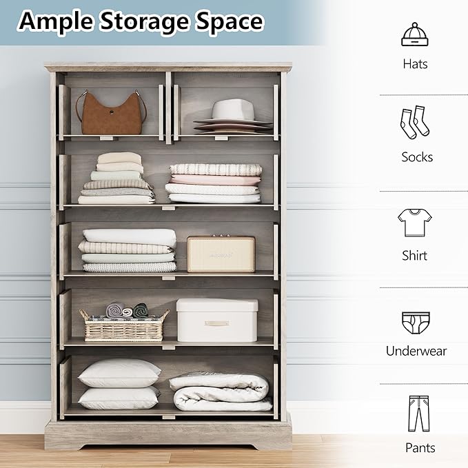 6 Drawer Dresser for Bedroom, 43" Tall Wooden Chest of Drawers, Rustic Farmhouse Dresser with Large Drawers & Metal Handles, Modern Storage Organizer for Closet, Living Room, Hallway, Grey