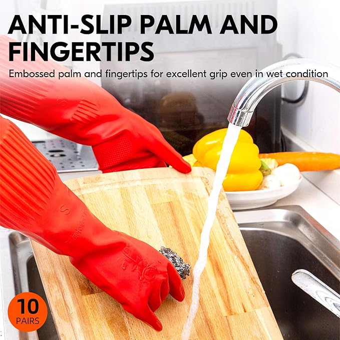 Vgo... 10-Pairs Dishwashing Gloves, Reusable Household Gloves, Long Sleeve, Thick Latex, Cleaning, Washing, Working, Painting, Gardening, Pet Care (Size L, Red, RB2143)