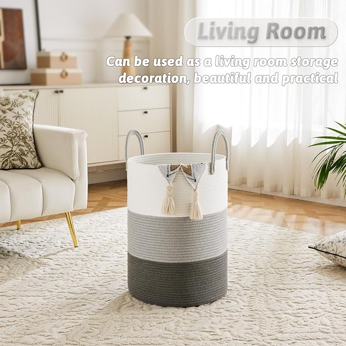 Laundry Basket,Woven Cotton Rope Laundry Hamper,100L for Decorative Storage of Dirty Clothes,Toys and Blankets in Bathroom,Bedroom and Living Room