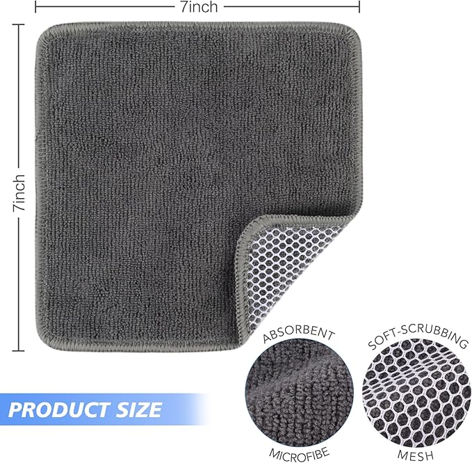 KinHwa Kitchen Washcloths for Dishes Absorbent Microfiber Dish Cloths Quick Dry Dish Rags with Poly Scour Scrub Side Ideal for Kitchen Cleaning (Gray, 7inchx7inch 9 Pack)