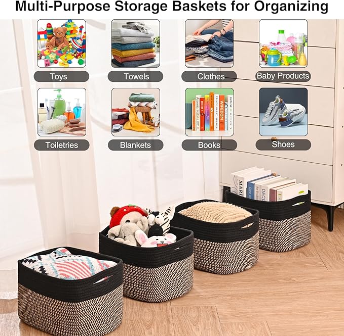 Small Storage Baskets for Organizing Shelves, Cotton Rope Basket for Storage, Cute Rectangular Book Toy Basket, 12.7"×9.1"×7.9", 4 Packs, Black & Jute