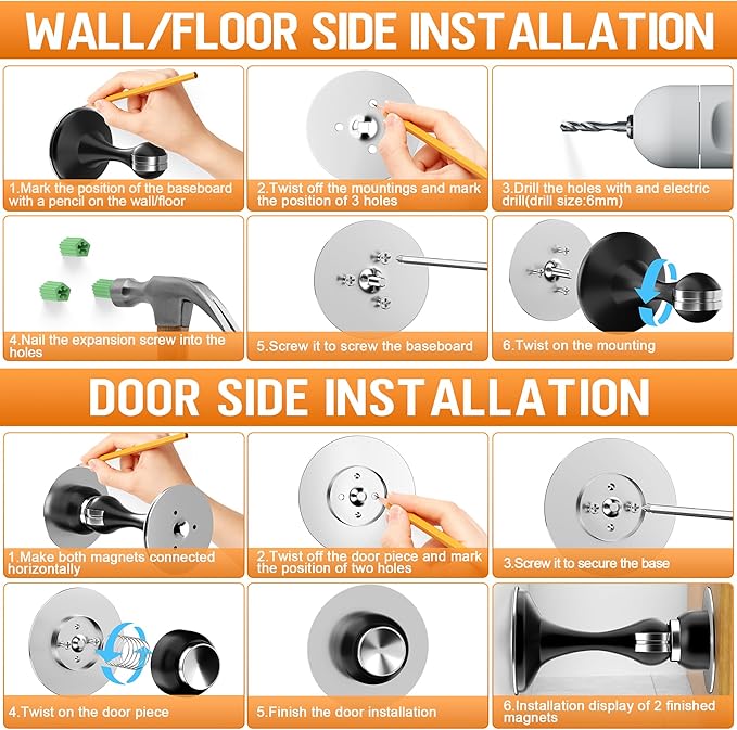 Crosize Magnetic Door Stoppers 4 Pack, Stainless Steel Door Catch for Wall and Floor Mounting, Door Holder Keep Door Open, No Drilling Door Stop with Adhesive Tapes, White