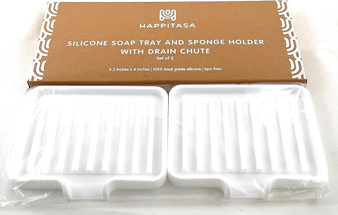 Happitasa Silicone Soap Dish Tray and Sponge Holder with Drain Chute, Pack of 2 | Bathroom and Kitchen Sink Organizer Caddy (White, 5.2"x4", 7.2 Ounces)