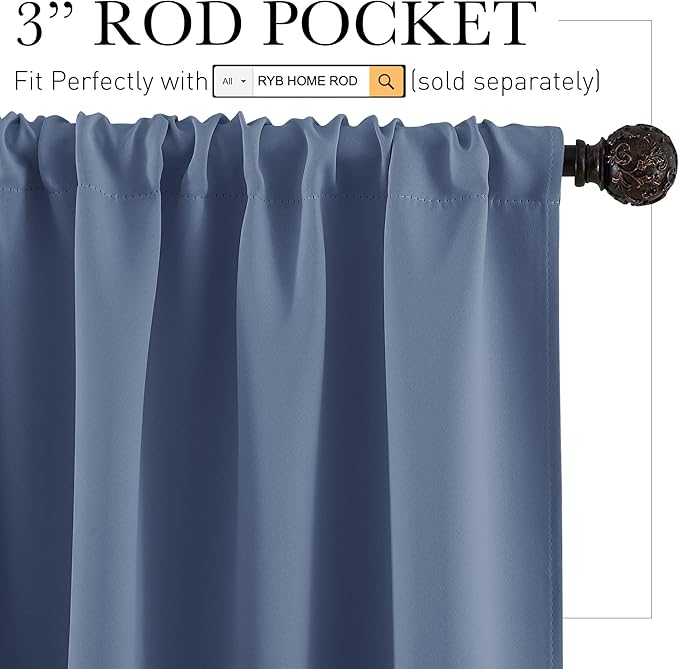 RYB HOME Small Curtains for Door Windows - Blackout Thermal Insulating Drapes for Home Theatre Bathroom Basement Cafe RV Camper Windows Blinds, Wide 34 x Long 30, Stone Blue, 1 Pair