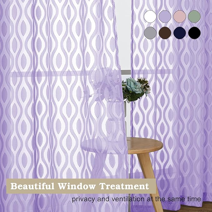 Aiyufeng Light Purple Sheer Curtains 54 Inch Length 2 Panels, Soft Lightweight Clip Jacquard Textured Sheer Curtain Panels, Modern Wavy Line Voile Sheer Curtain for Bedroom Living Room, 40Wx54L Inches