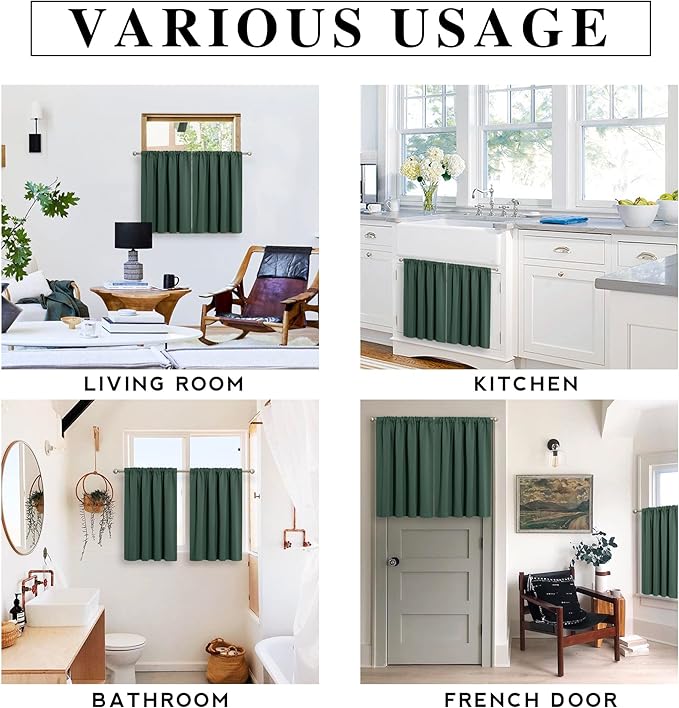RYB HOME Bathroom Window Curtains - Super Soft Blackout Privacy Curtains for Baby Nursery Bedroom Basement Garege Workshop Kitchen Dining Living Room, W 29 x L 30, Dark Green, 2 Pcs