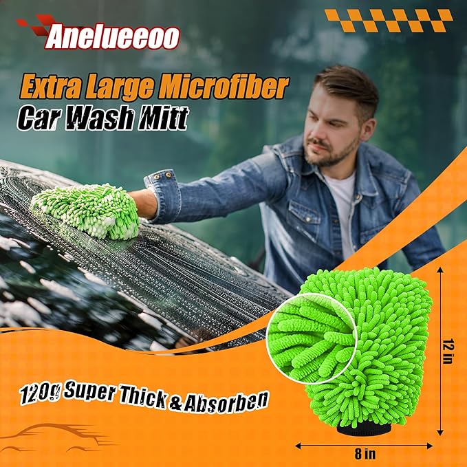 Car Wash Mitt Microfiber, Premium Chenille Microfiber Wash Car Mitts Sponge Scratch Free & Lint-Free, Mitts Waterproof Lining 2 Pack Green (8''X12'')