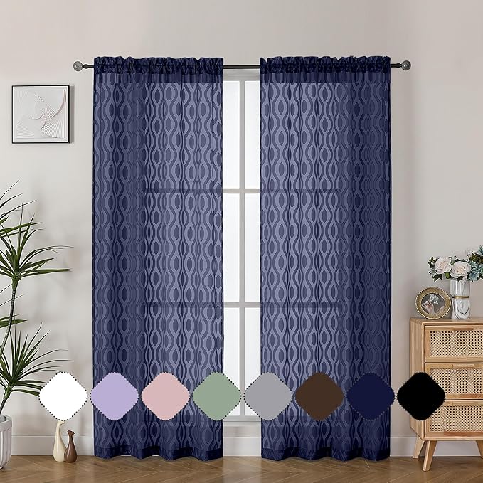 Aiyufeng Navy Blue Curtains 72 Inches Long 2 Panels Set, Elegant Light Filtering Transparent Curtain Draperies for Bedroom Living Room, Classic Clip Solid Wavy Line Door Curtains, 40" Wx72 L Inch