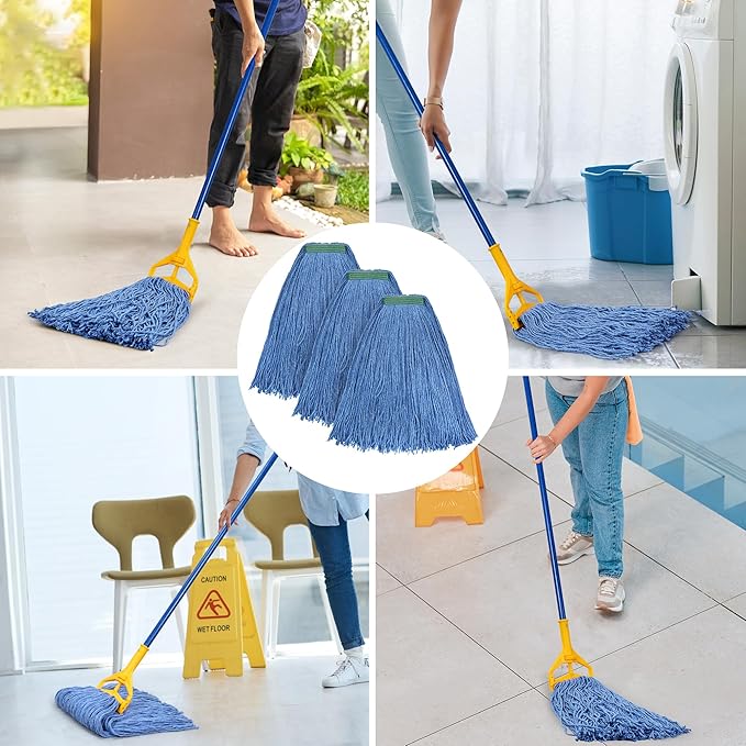 Matthew Cleaning 16oz 3Pack Cotton Floor Mop,Cotton Looped-Open String Heavy Duty String Refills, Universal Headband Blend ,Mop Head Replacement for Home, Industrial and Commercial Use(Blue)
