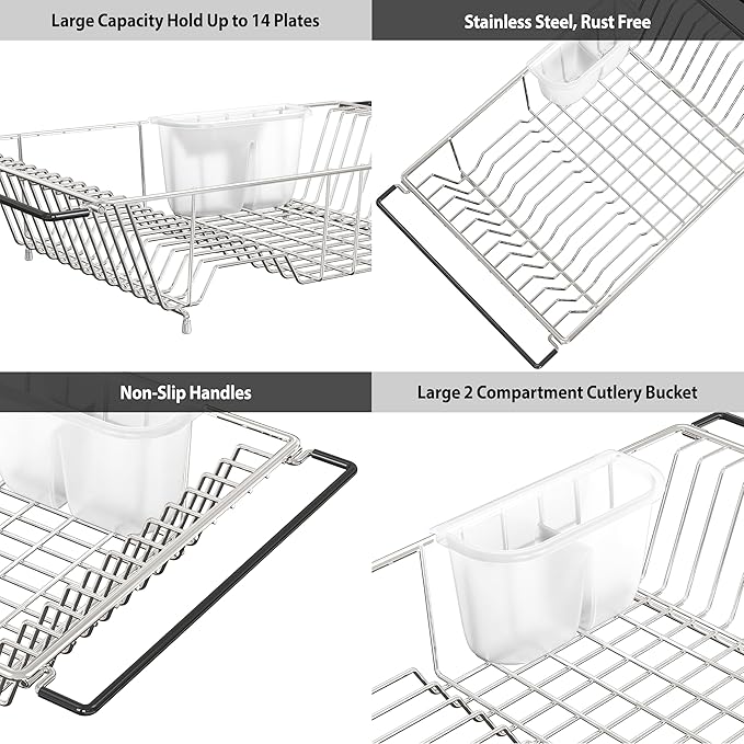SIMPLE HOUSEWARE Large Over Sink Counter Top Stainless Steel Dish Drainer Drying Rack with Utensil Holder, Chrome