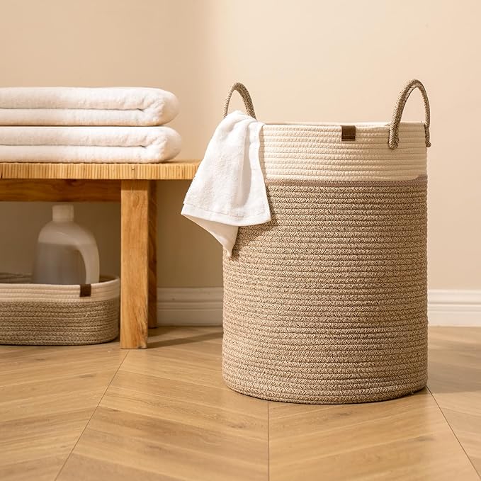 LA JOLIE MUSE Woven Basket Rope Storage Baskets - Tall Cotton Basket, Laundry Basket for Blanket, Kids Toy, Nursery Clothes Hamper Basket-L