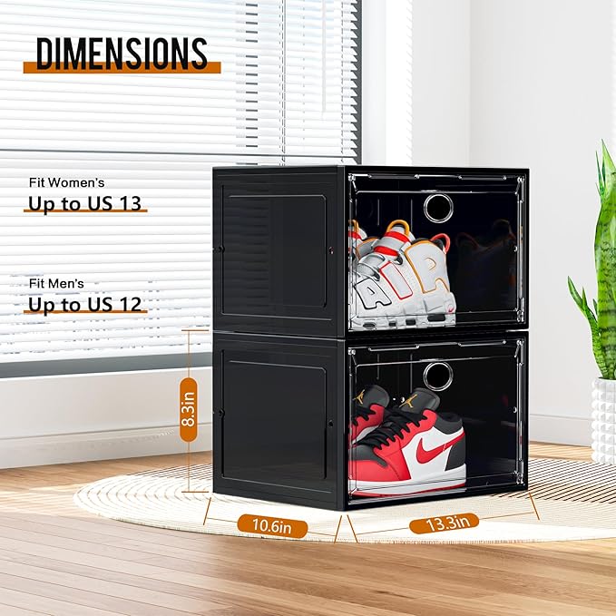 KEFA XL Shoe Storage Box Organizer, 6 Pack Shoe Boxes Clear Plastic Stackable, Sneaker Display Case Container Fit for US 13 (Side 6 PACK BLACK)