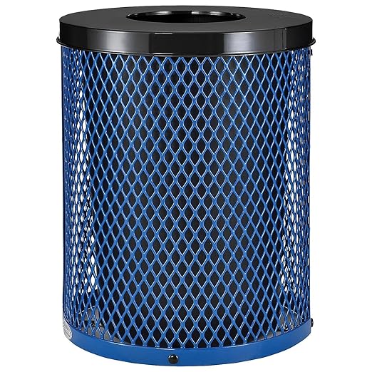 Global Industrial Outdoor Diamond Steel Trash Can with Flat Lid and Plastic Liner, 36 Gallon Capacity, Blue, Thermoplastic Coating, 23-1/2" Diameter, 30" H