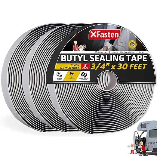 XFasten Butyl Putty Tape, Black, 1/8" x 3/4" x 30' (3-Pack) EDPM Butyl Rubber Sealant, Stretchable Camper Butyl Tape, Pool, Headlight and RV Sealant
