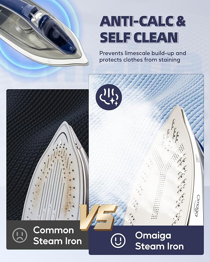 Steam Iron for clothes - 1750W Clothes Iron with Non-Stick Ceramic Soleplate, Powful Steam, 3-Way Auto-Off, Self-Cleaning, Anti-Calc, 13.52oz Water Tank Ironing Clothes for Home