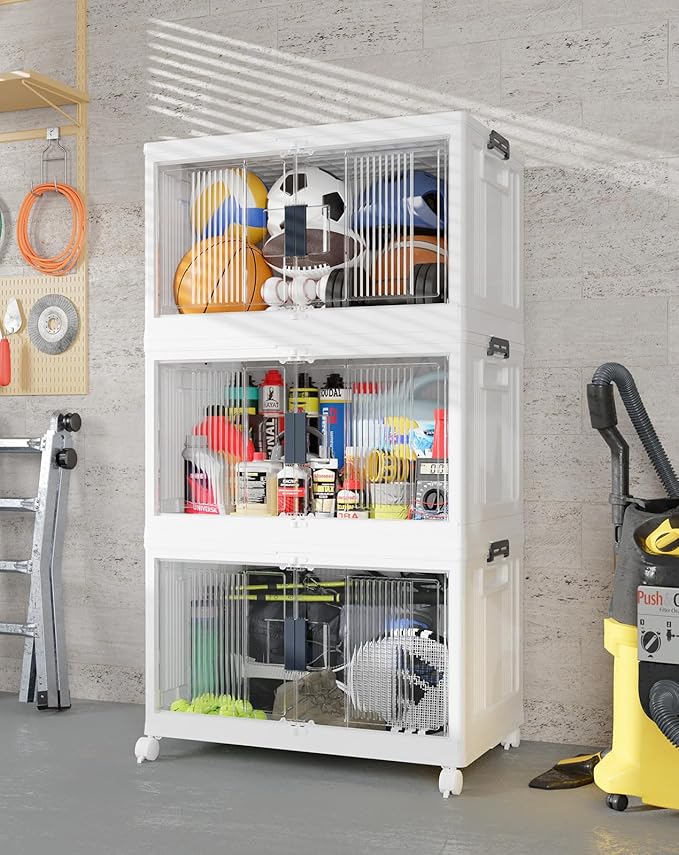 OlarHike 97QT Stackable Storage Bins with Lids - Folding Storage Box with Doors and Wheels, Collapsible Plastic Storage Drawers for Closets, 3 Pack Cubes