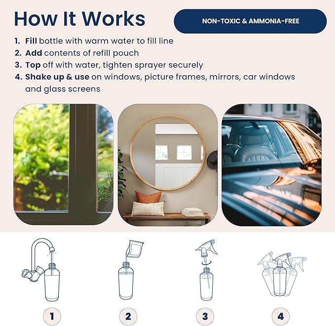 Truly Free Natural Glass Cleaner - Removes Dirt & Debris for Sparkling Clean Windows & Glass Surfaces at Home, Office & Garage, Includes: 1 Refillable Empty Bottle (16oz) & 2 Refills (3oz ea)