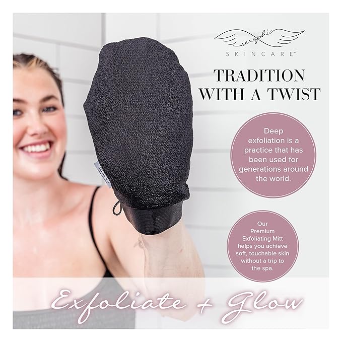 Seraphic Skincare (Original) Premium Exfoliating Mitt for Body (2pc) – 100% Vegan Viscose Traditional Body Scrub Glove Kessa Korean Washcloth – Body Exfoliator for Self-Tan Removal & Keratosis Pilaris