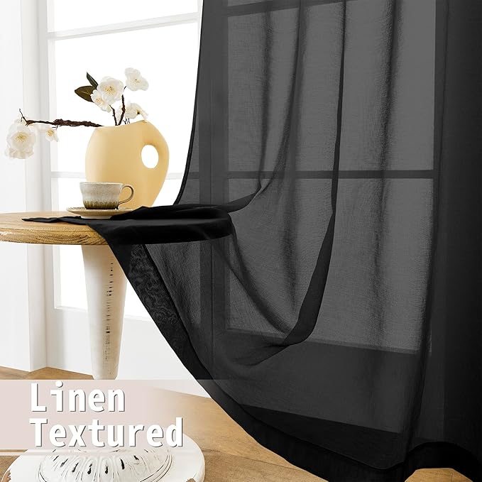 Tollpiz Small Sheer Curtain Linen Textured Curtain Sheers Doorway Light Filtering Voile French Door Rod Pocket Curtains Patio Glass Door, 25 x 40 inches Long, Black, Set of 1 Panel