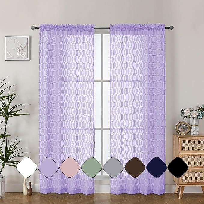 Aiyufeng Light Purple Sheer Curtains 72 Inches Long 2 Panels Set, Elegant Light Filtering Transparent Curtain Draperies for Bedroom Living Room, Classic Clip Wavy Line Door Curtains, 40Wx72L Inch