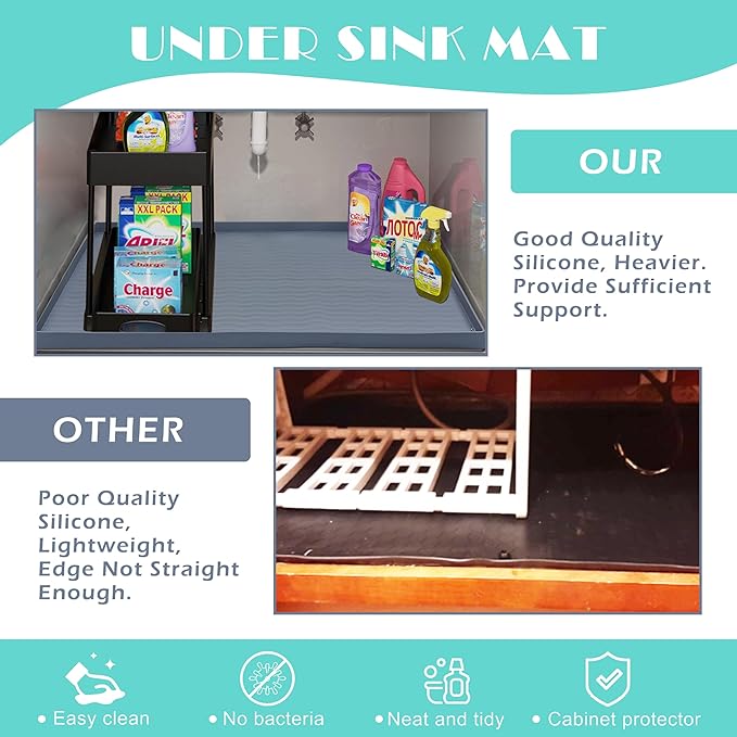 URMONA Waterproof Silicone Under Sink Mat 28'' x 22'' Shelf Liner for Kitchen and Bathroom, Cabinet and Counter Protector, Storage and Organizers, Litter Mat, Pet Cat Puppy Essentials(Beige)