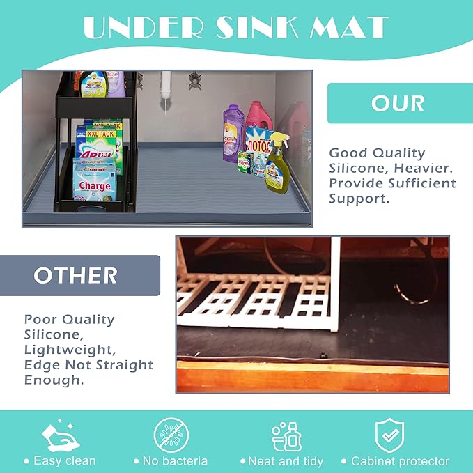 URMONA Waterproof Silicone Under Sink Mat 34'' x 22'' Shelf Liner for Kitchen and Bathroom, Cabinet and Counter Protector, Storage and Organizers, Litter Mat, Pet Cat Puppy Essentials(Cream)