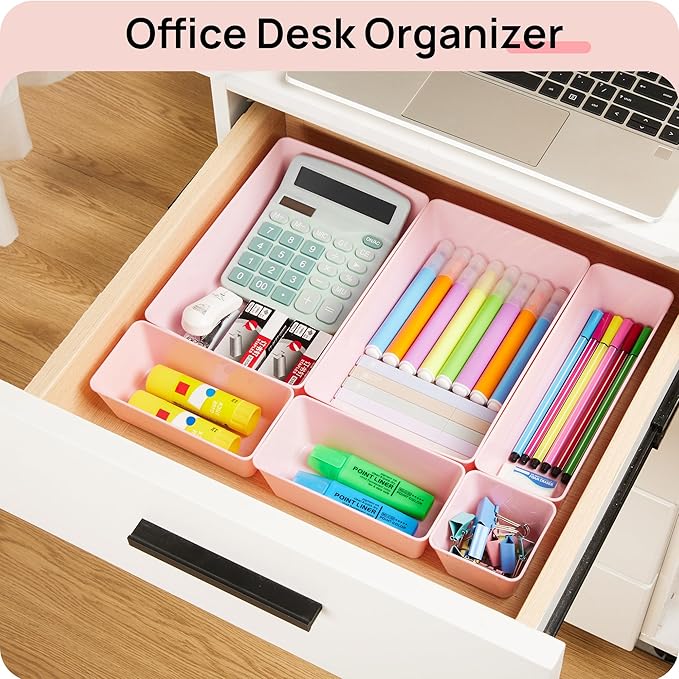 Vtopmart 44 PCS Plastic Drawer Organizers Set, 4-Size Versatile Bathroom and Vanity Organizer Trays, Non-Slip Storage Containers for Makeup, Jewelries, Bedroom，Kitchen Utensils and Office, Pink