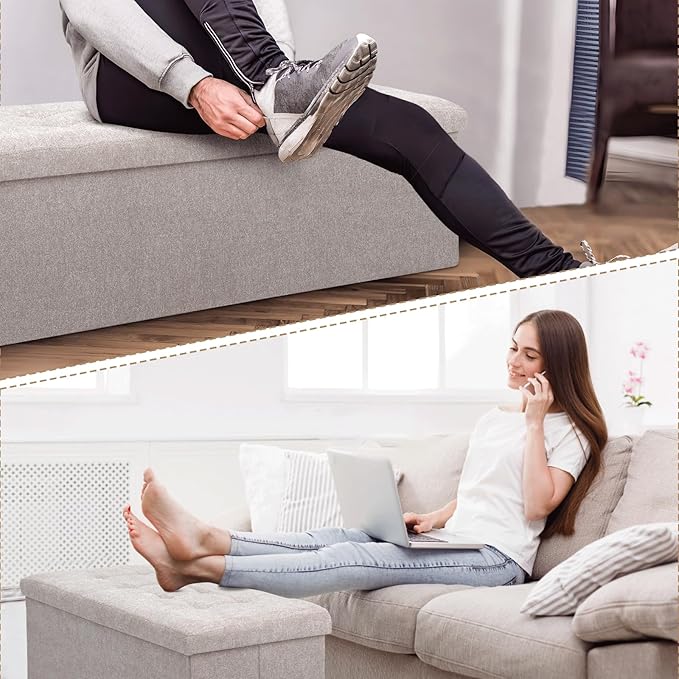 Athena Collection 43" Storage Ottoman Bench Folding Bench with 130L Hidden Storage, Large End of Bed Bench Linen Foot Rest Stool Chest with Flipping Lid for Living Room Bedroom Entryway, Sandy Beige